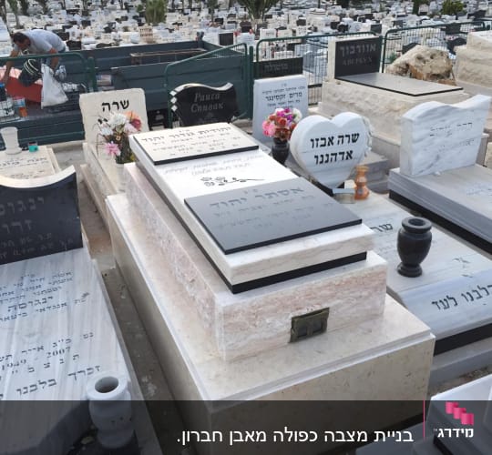 מצבות עם כיתוב בעברית, פרחים ואגרטלים